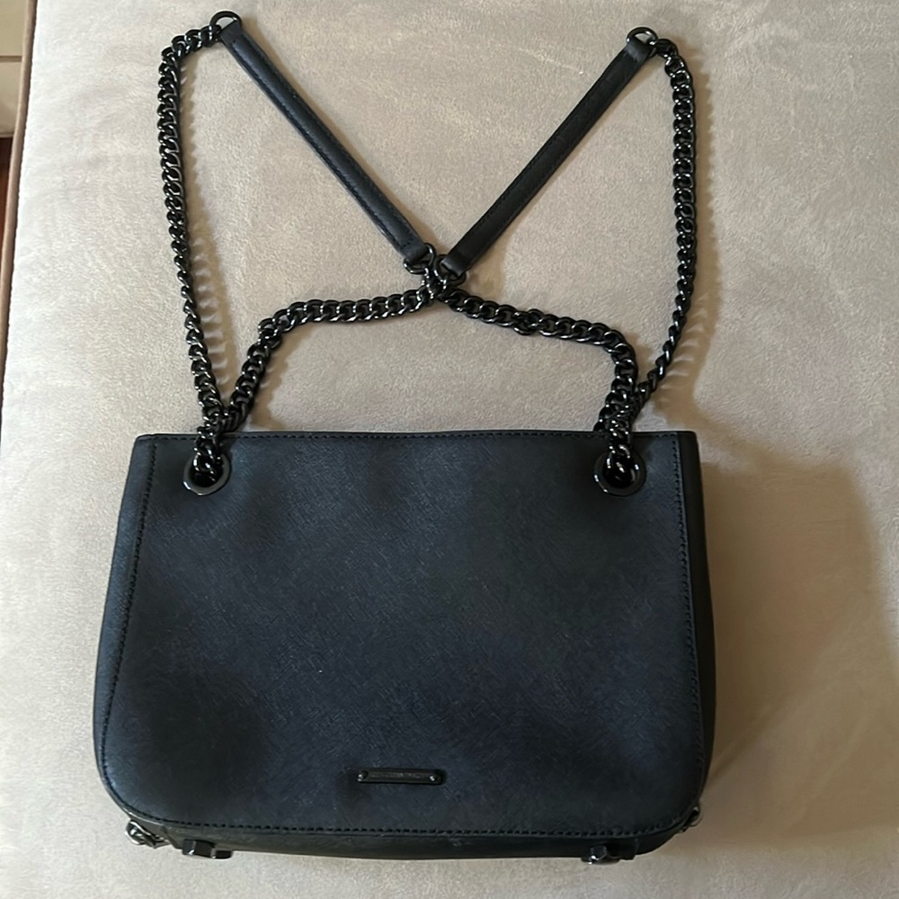 Rebecca Minkoff Black saffiano leather shoulder/crossbody bag measuring 10” x 8”